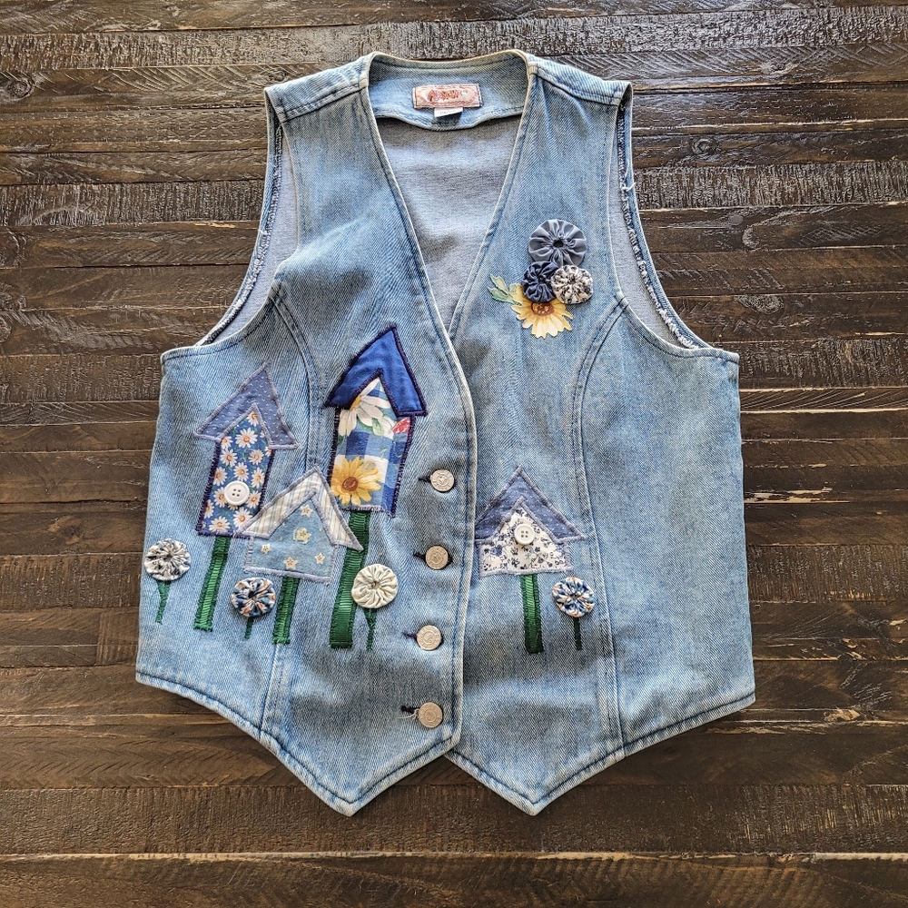 Vtg Apache Denim Vest - Women's Medium USA - BirdHouse/Flowers